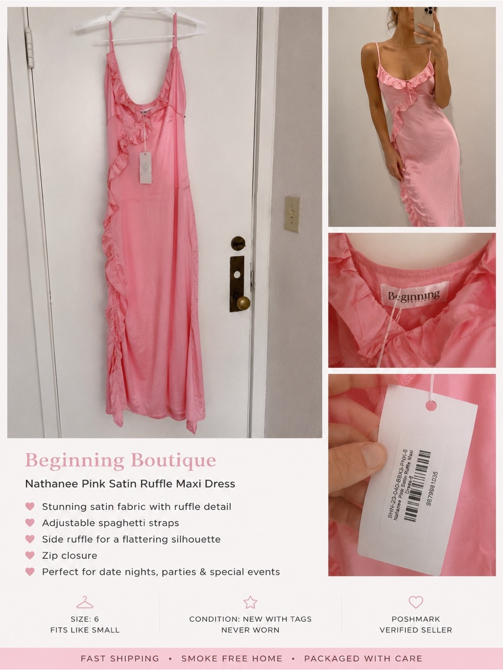 Beginning Boutique Nahanee Pink Satin Ruffle Maxi Slip Dress